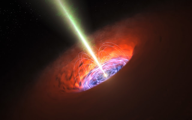 Окрестности сверхмассивной чёрной дыры, какие обычно располагаются в сердце галактик (в представлении художника, ESO, CC BY 4.0)