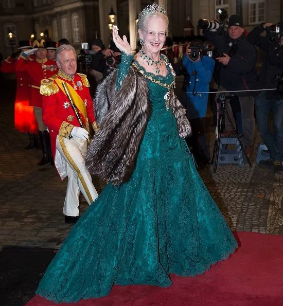 Crown Princess Mary wore a fuchsia silk dress, Princess Marie wore Rikke Gudnitz dress and tiara. Princess Elisabeth by Order of the Elephant