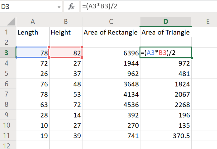 Вычислить площадь треугольника в Excel