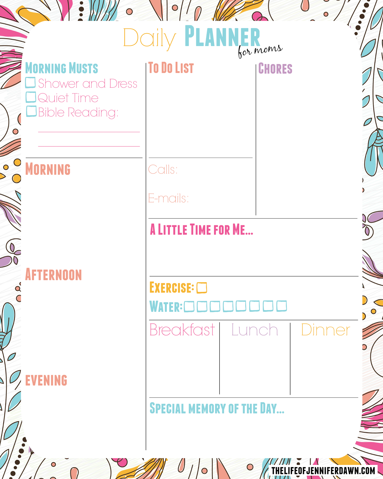 The Life of Jennifer Dawn Printable Daily Planner Page for Moms
