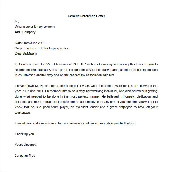 Generic Reference Letter Template ~ Resume Letter