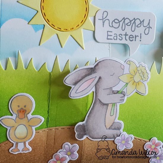 Hoppy Easter Wiper Surprise Card by Amanda Wilcox | Hop Into Spring Stamp Set, Land Borders Die Set, Clouds Stencil and Sky Scene Builder Die Set by Newton's Nook Designs #newtonsnook #handmade