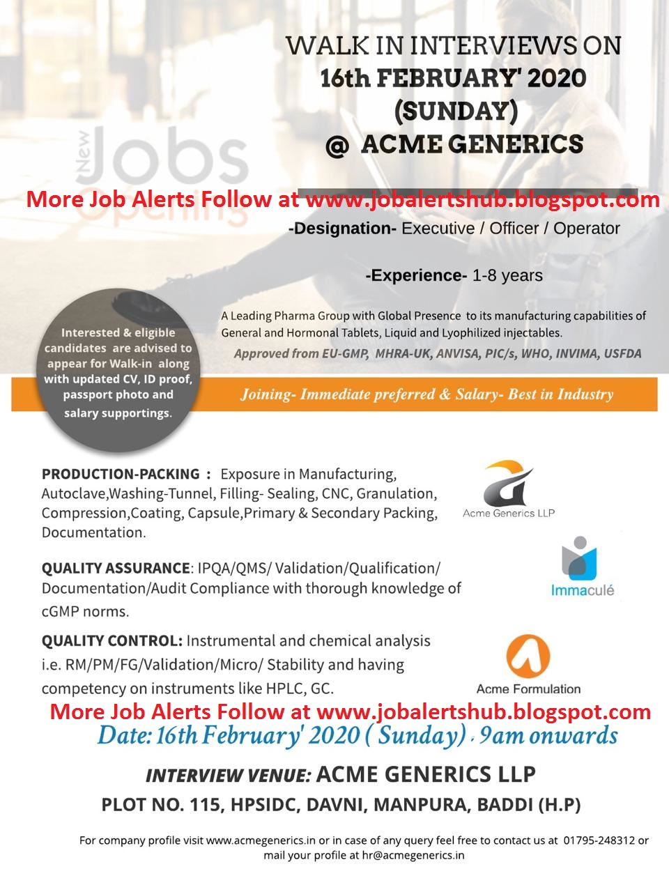 Acme Generics WalkIn Interviews for Production / Packing / QA / QC