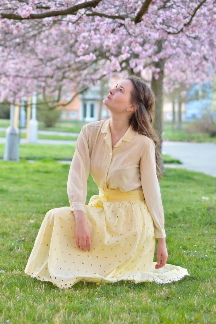 cherry blossom trees, czechia, georgiana quaint, vintage skirt and blouse, pink and yellow