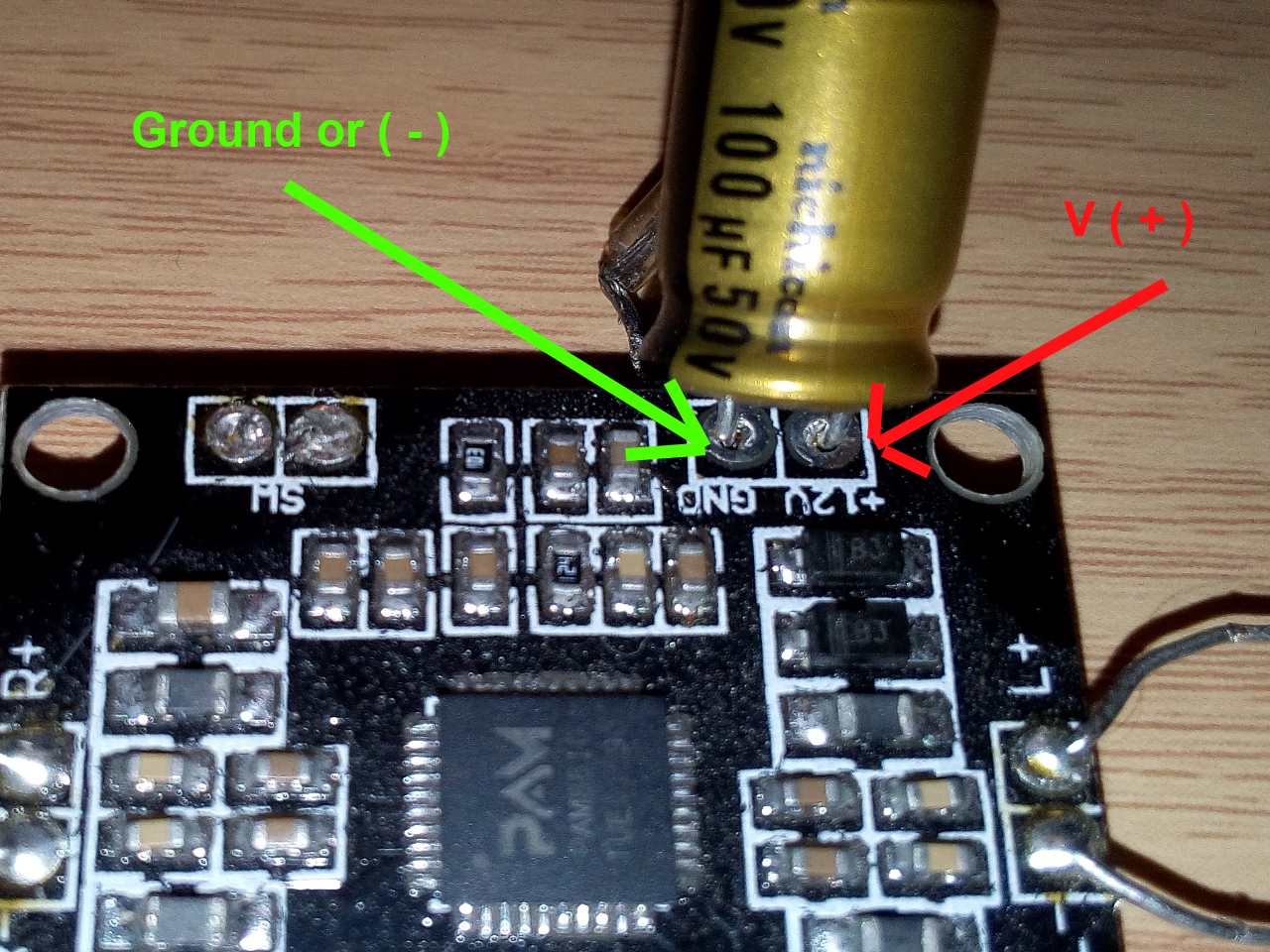 How to add power supply filter capacitor to amplifier board.