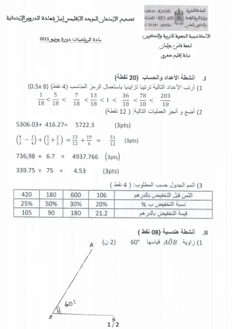 الامتحان الموحد الاقليمي الرياضيات المستوى السادس مديرية صفرو 2015 مع التصحيح