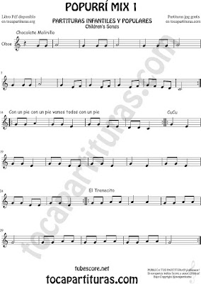  Popurrí Mix 1 Partitura de Oboe Chocolate Molinillo, Con un Pie y El Trenecito Infantil Partituras Mix 1 Sheet Music for Oboe Music Score