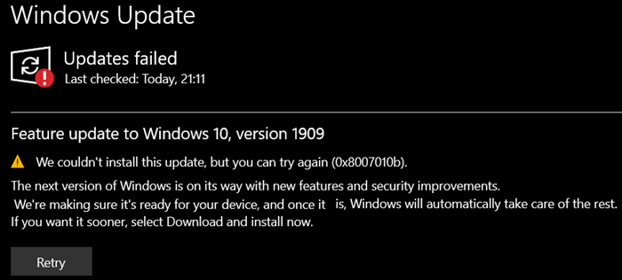 Solucionar el error de actualización de Windows 0x8007010b