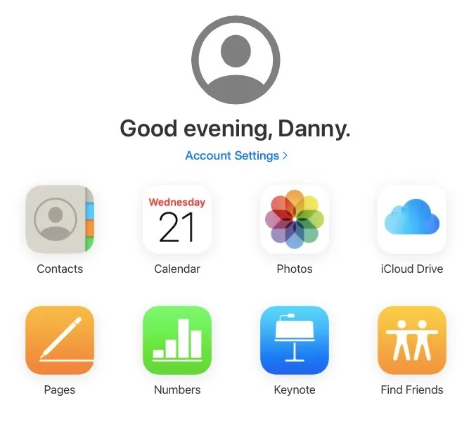لقطة شاشة تعرض صفحة iCloud الرئيسية