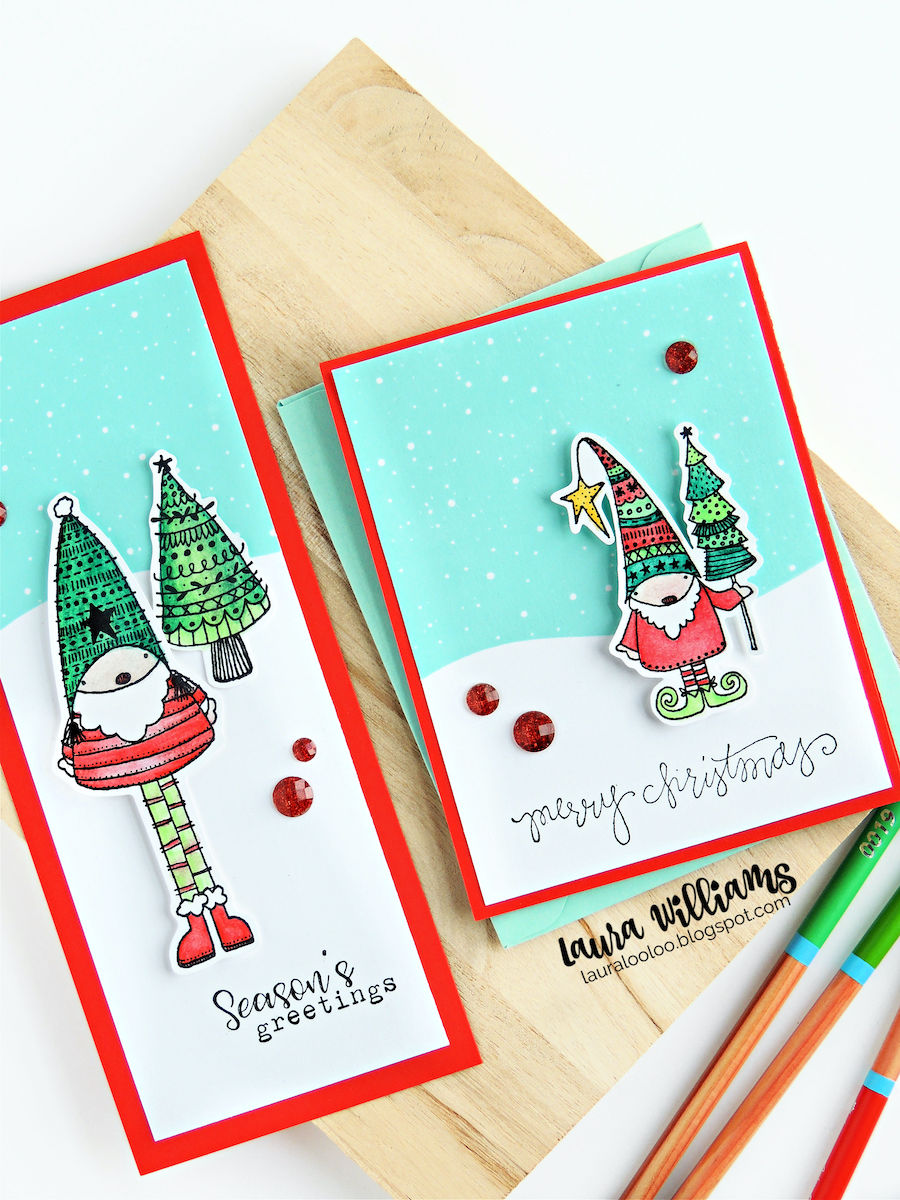 I thought it would be fun to compare two similar card making ideas, one a standard 4.25x5.5-inch card, plus the ever-trendy slimline size. (Usually I make slimline cards 3.5x8.5 but I think this one is a little shorter.) These two festive Nordic friends are the perfect pals for today's cards because one friend is quite a bit taller than the other! Both cards also feature a new background stamp from the Slim Scenes collection. The Snowy Night stamp is actually quite long, and could fit long-ways on a slimline card, but as you can see, it works perfectly for smaller or skinny cards too.
