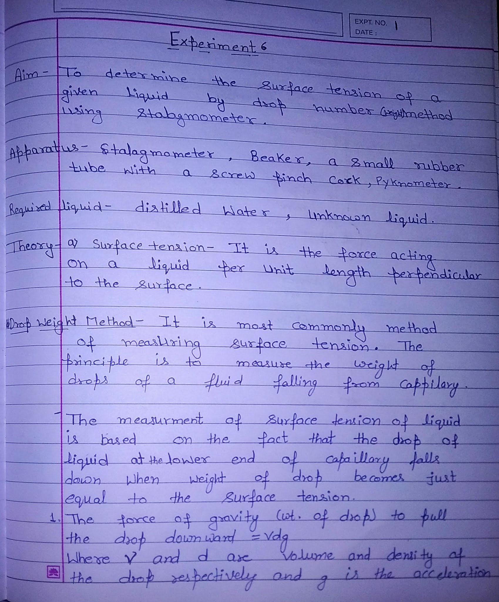 Chemistry Expriment 6 aim To determine the surface tension of a given