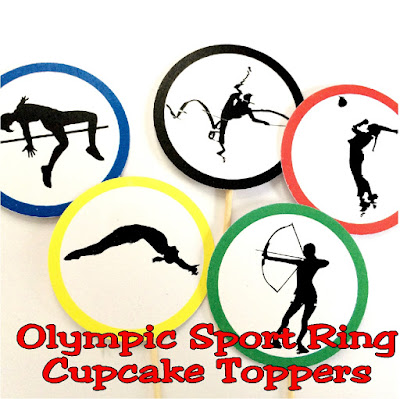 Celebrate with the athletes at the Summer Olympics by doing what they can't--eating cupcakes.  But be sure to dress them up in style with these printable cupcake toppers featuring the colors of the Olympic rings and silhouettes of our favorite Olympic sports.