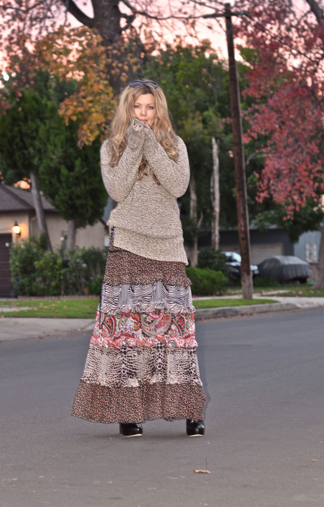 floral maxi dress with sweater for fall