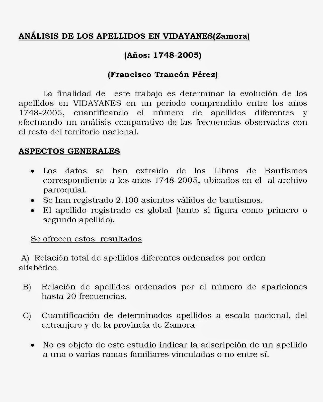 Villarrín de Campos VIDAYANES ANÁLISIS DE APELLIDOS (17482005)