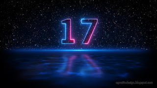 Number 17 Neon Light Style With Shadow On Blue Light Water Surface Against Dark Starry Sky Of The Space