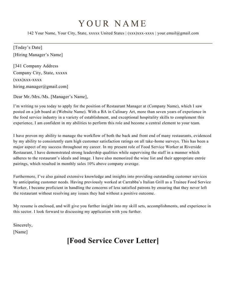Food Service Cover Letter Example Medical Resume
