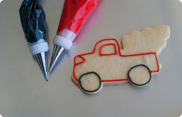 trucks with christmas trees cookies, decorating tutorial and link to cookie cutter