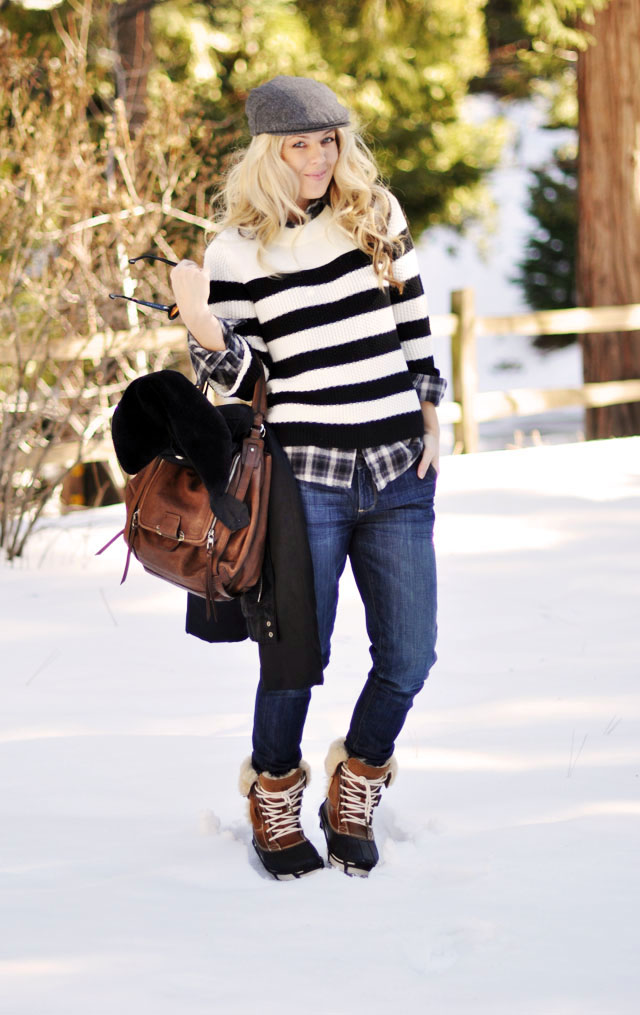 Winter style, stripes and plaid, newsboy cap, black and brown