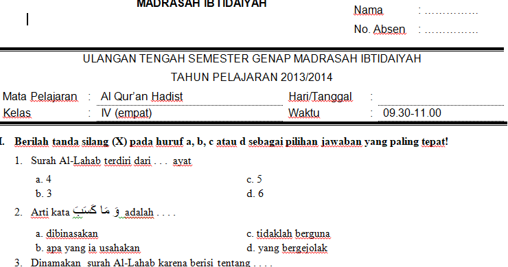 Kumpulan Soal UTS Al Qur’an Hadist Kelas 1 2 3 4 5 6 MI