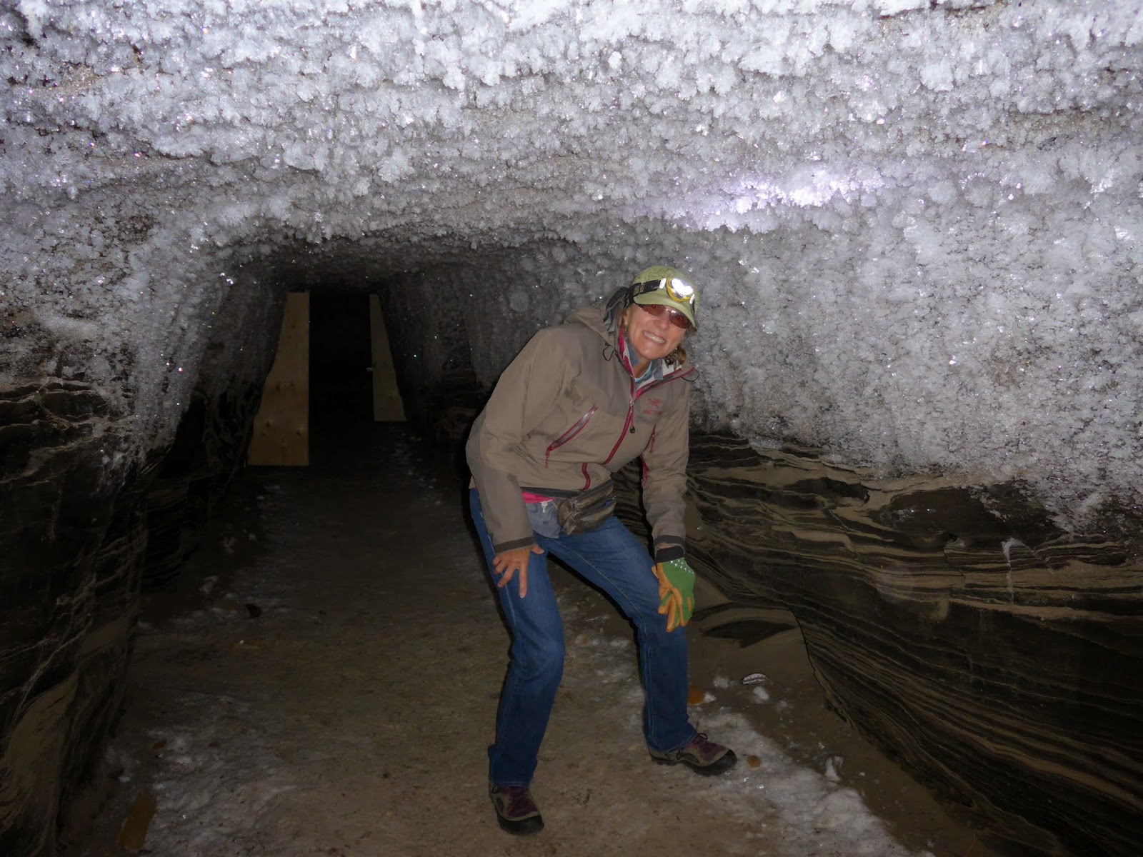 Liz 30 feet below the surface in the ice house. Ice everywhere.