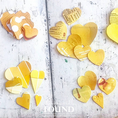 art,wall art,DIY,diy decorating,paper crafts,paper,vintage paper,Valentine's Day,re-purposing,up-cycling,trash to treasure,wreaths,winter,color,color palettes,colorful home,Pantone color of the year,Illuminating Yellow,Ultimate Gray,Pantone 2021,yellow and gray,hearts, heart decor,decorating with hearts,Valentine's Day decor,Valentine hearts,heart wreath,paper hearts, Disney decor, Disneyland tickets