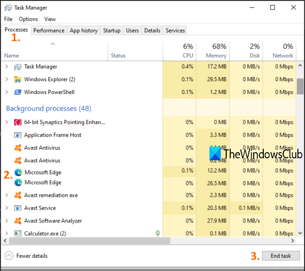 terminare i processi in esecuzione di Microsoft Edge utilizzando Task Manager