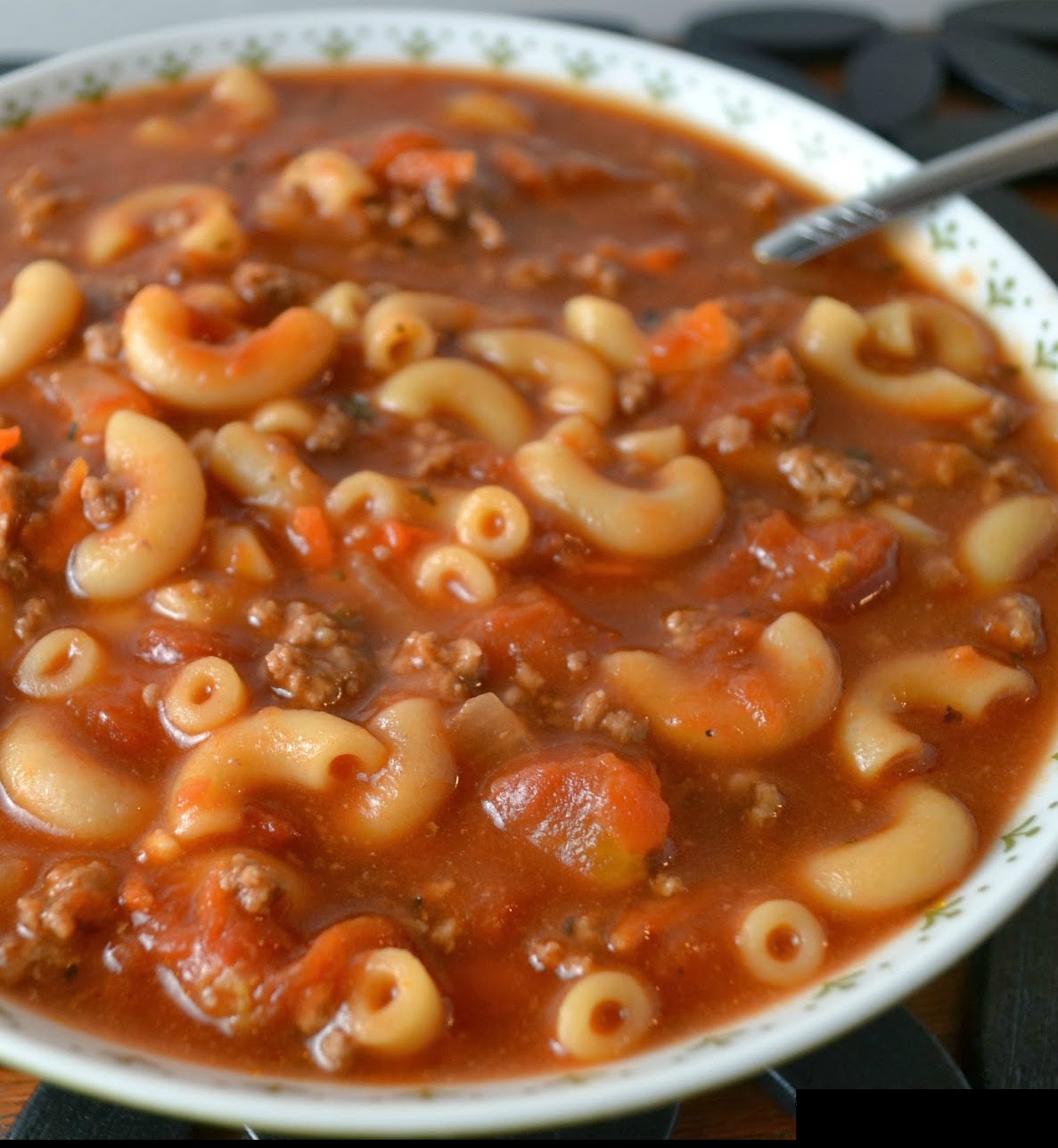 Hot Eats and Cool Reads Beefy Tomato Macaroni Soup Recipe with a