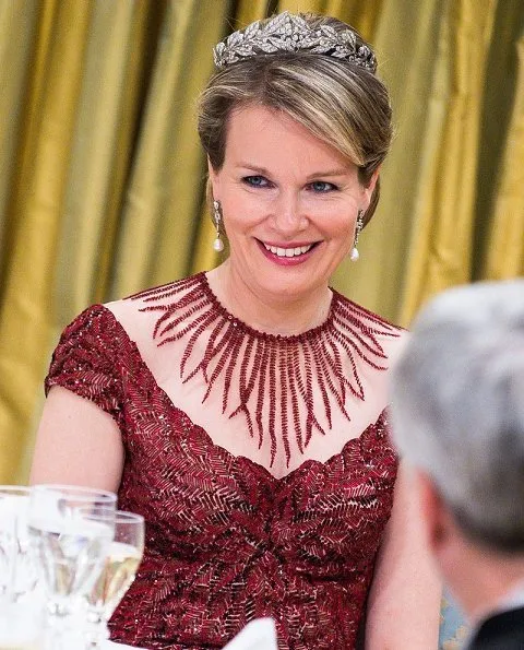 King Philippe and Queen Mathilde attended a state dinner in the Ballroom of Rideau Hall, the official residence of Governor General Julie Payette