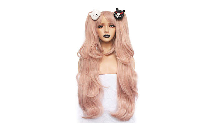 Anogol Hair + { 2 Bears } Light Pink Cosplay Wig Long Synthetic Wig For Girls Costume Party Costume Party Halloween Wig With Hair Accessory