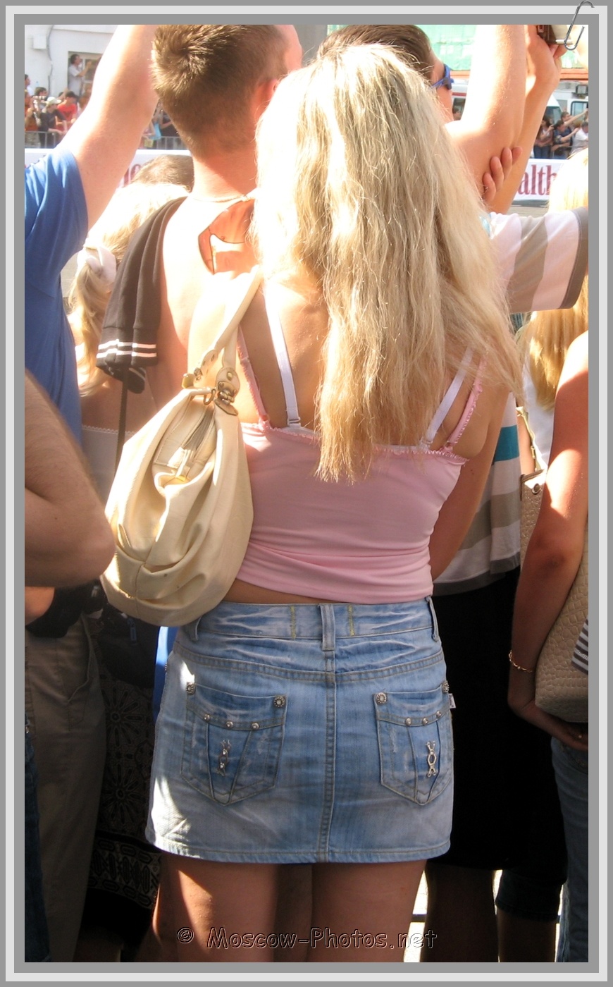 Moscow Blonde Girl In Jean Mini Skirt 