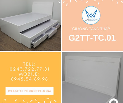 Giường tầng thấp có đầu cao tựa cong G2TT-TC.01 màu trắng