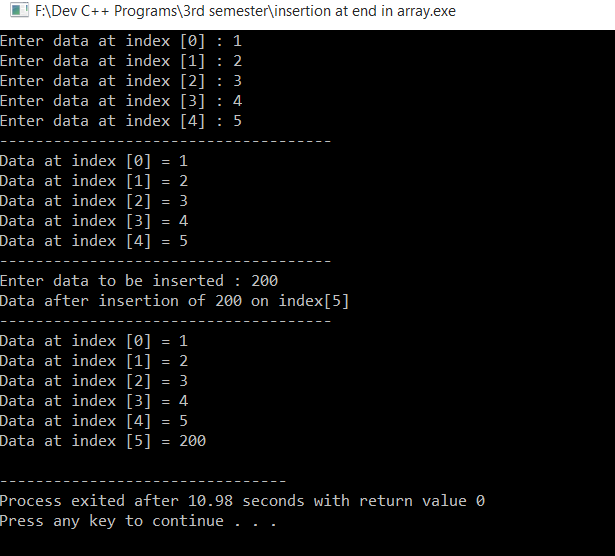 C++ program of data insertion at end in array ~ Program Nerd