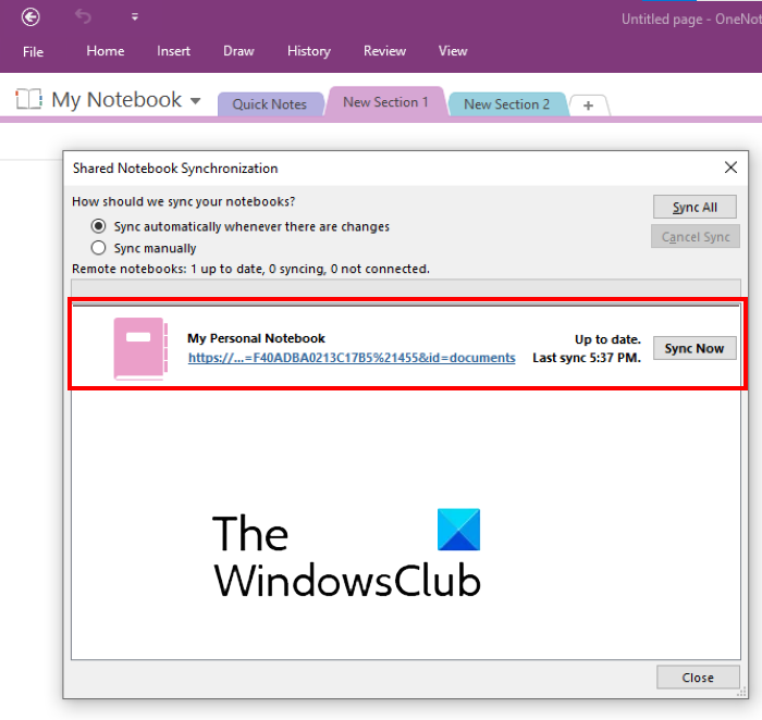 принудительная синхронизация OneNote 2016