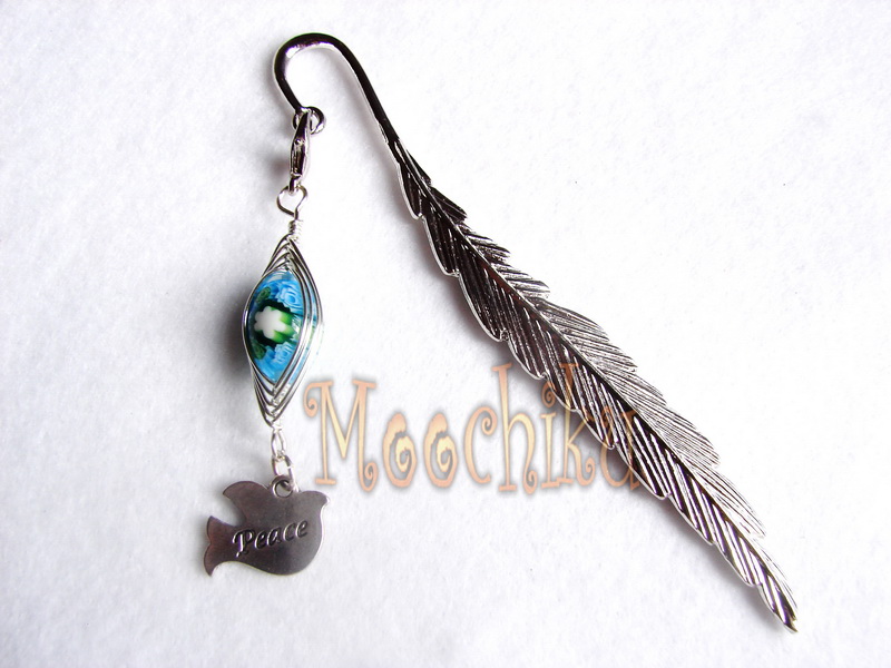  cm metal bookmark a blue and green millefiori bead and a peace dove