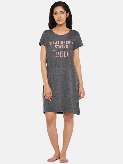 Dreamz by Pantaloons - Grey & Pink Printed Nightdress