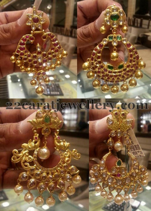 Large Chandbali earrings with cz stone and pearl border - Swarnakshi Jewelry