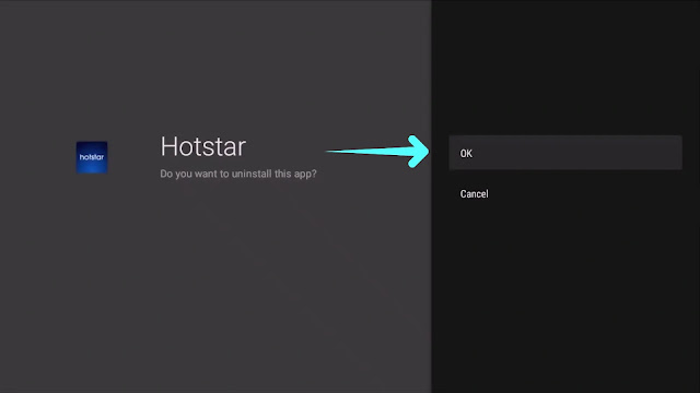 click on Ok to uninstall hotstar uninstalling hotstar app in smart tv