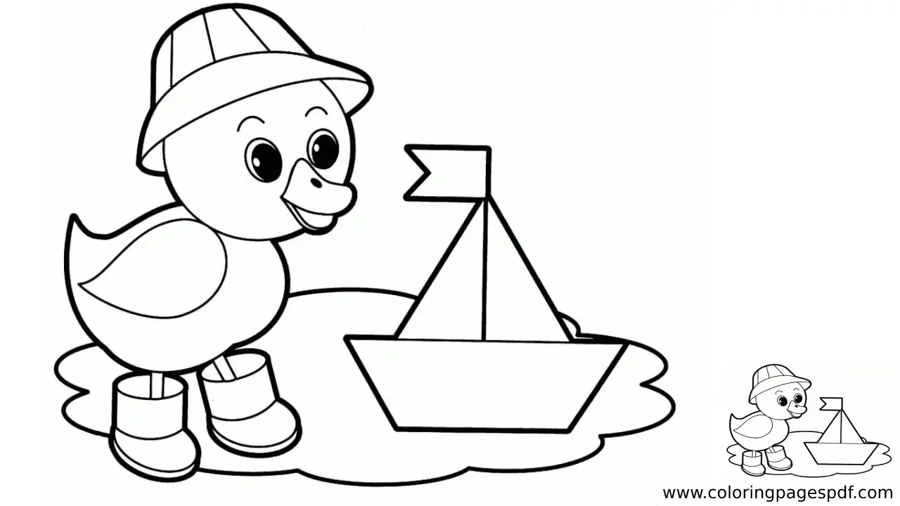 Coloring Page Of A Duck Playing With A Paper Boat