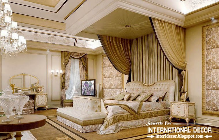 luxury classic bedroom interior design decor and furniture, four poster bed and ceiling