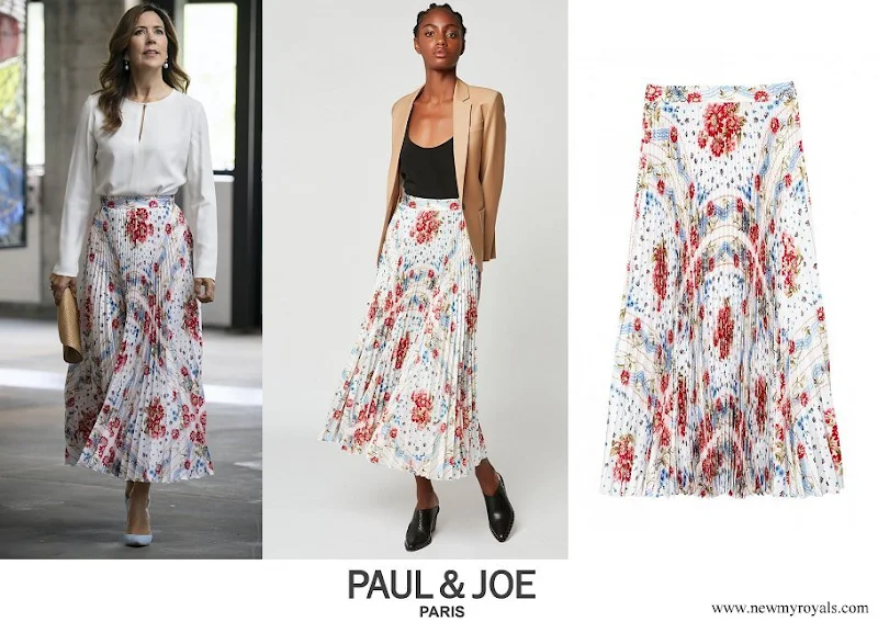 Crown Princess Mary wore a sunray pleated scarf print skirt from Paul and Joe