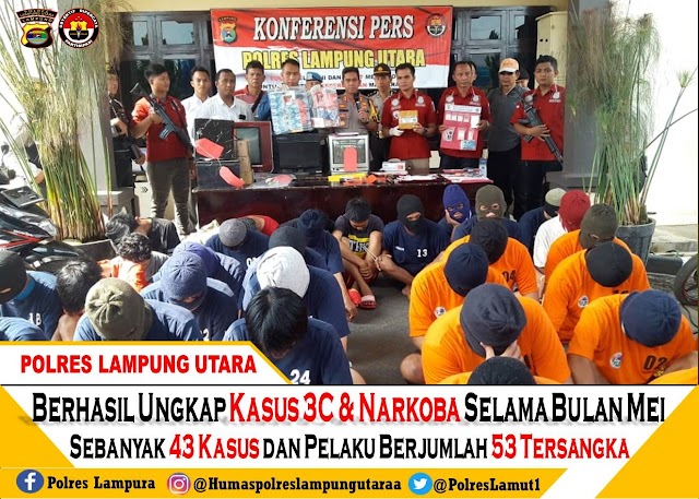 Periode Bulan Mei 2019, Polres Lampung Utara Ungkap 43 Kasus Tindak Pidana Dengan 53 Tersangka