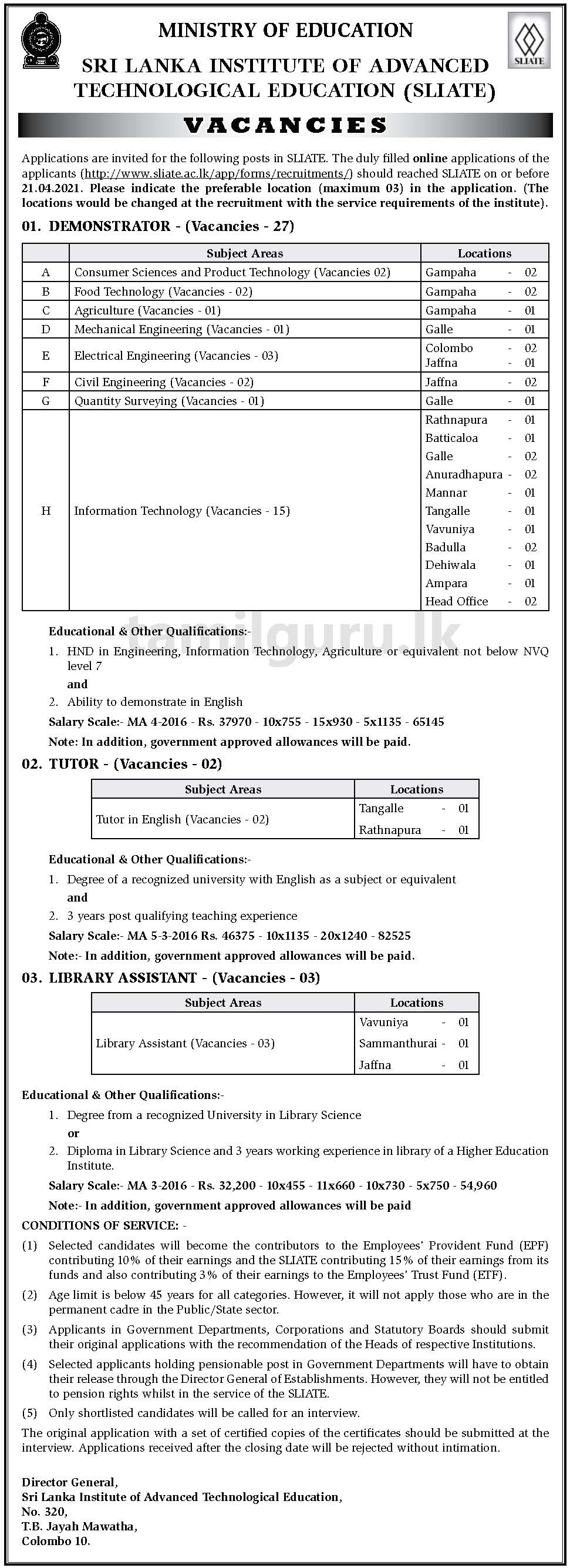 Demonstrator, Tutor, Library Assistant - SLIATE Vacancies 2021