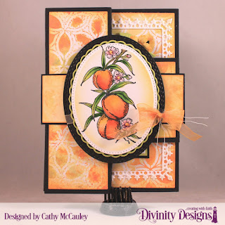 Divinity Designs Stamp Set: Peach Branch, Stencils: Petals,Custom Dies: Half-Shutter Card with Layers, Belly Band, Festive Favors, Pierced Rectangles, Pierced Ovals, Lavish Layers, Layered Lacey Ovals, Oval Stitched Rows