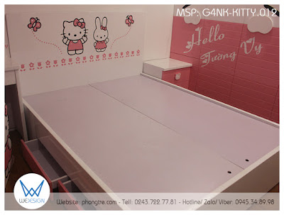 Giường 4 ngăn kéo chủ đề Hello Kitty và bạn bè G4NK-KITTY.012 có màu trắng nhấn hồng cho trang trí và ngăn kéo ở 2 bên thành giường