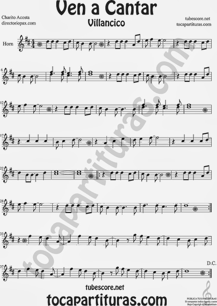  Ven a Cantar Partitura para Trompa y Corno en Mi bemol  Sheet Music for Horn and French Horn Music Scores