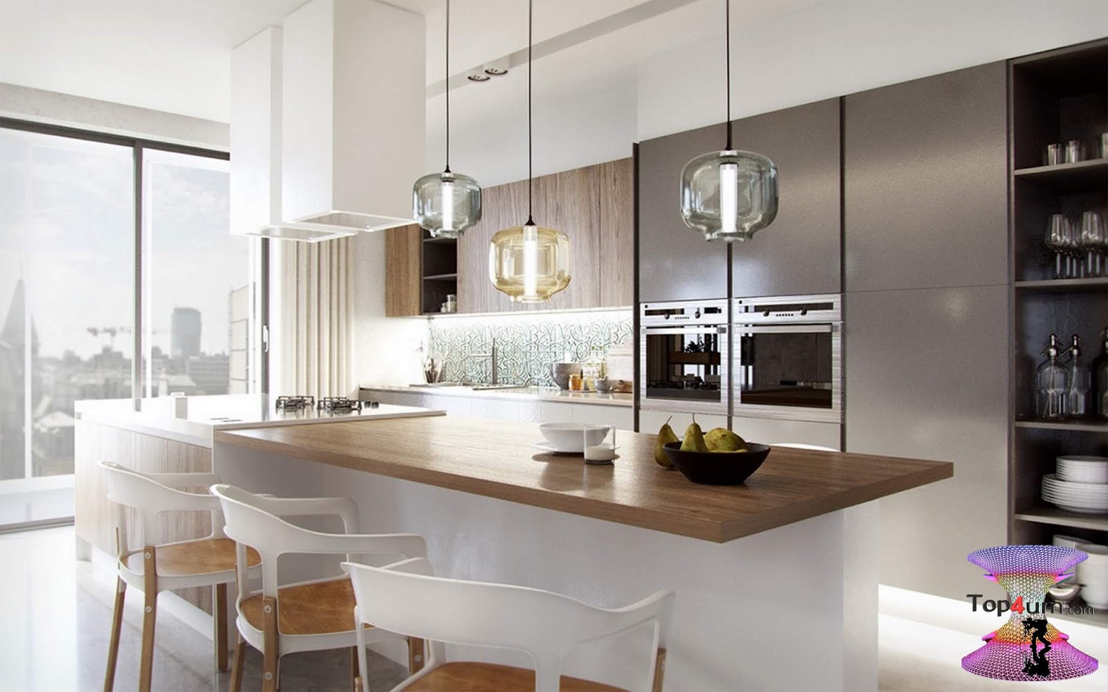 остров-барная стойка для кухни. кухонный остров с бутылочницей. подвесные светильники над барной стойкой. деревянный остров для кухни. над островом на кухне.