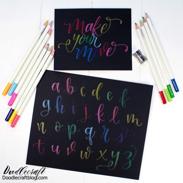 Learn bounce lettering or faux calligraphy using neon colored pencils and black paper.