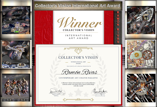 Insignia y Certificado  del Premio Internacional de Arte Collector's Vision otorgado a Ramón Rivas