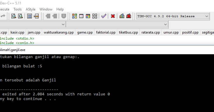program dev c++: Program C++ Menentukan bilangan ganjil atau genap