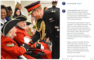 Today The Duke of Sussex visited the Royal Hospital Chelsea for the Founder’s Day Parade, an annual event celebrating the founding of the veterans hospital in 1681 by King Charles II.  The Founder’s Day Parade is a day to celebrate ‘The Chelsea Pensioners’, the name for those veterans who live there, and an important reminder of the great debt we owe all whom have served their nation. More than 300 years on from its founding, @royalhospitalchelsea continues to provide exceptional care to soldiers in retirement.  Today’s visit also coincides with the 75th anniversary of D-Day. It was especially poignant for The Duke, who served in the British Army for ten years, to visit with and honour six veterans of the Normandy Landing living at the hospital.  In his speech today His Royal Highness shared these words with the Chelsea Pensioners:  Don’t ever underestimate the joy that you bring to everyone you meet. You represent something really quite special, you are special, and society will always recognise that. That is an important part of your legacy....It’s a community that focuses on supporting each other with kindness, respect and compassion, as well as reaching out to serve the wider community....On this 75th Anniversary of D-Day, I can comfortably speak for everyone when I say we are honoured to be in the presence of six Normandy Landing veterans.  Over 300 British Army Veterans live @royalhospitalchelsea - veterans who fought in the Second World War, and other conflicts including Korea, Malaya, Borneo, Northern Ireland, South Atlantic and the first Gulf War.  Her Majesty The Queen, The Prince of Wales, The Duke of Cambridge and other members of The Royal Family have joined events in the UK and France to commemorate the 75th anniversary of D-Day.  The Duke and Duchess of Sussex are proud to support serving and former members of the Armed Forces.  Positive communities and the @royalhospitalchelsea model of care, is critical to help veterans both young and old to maintain positive mental health and wellbeing.  Thank you for your service, and for the sacrifices you and your families have made. #DDay75